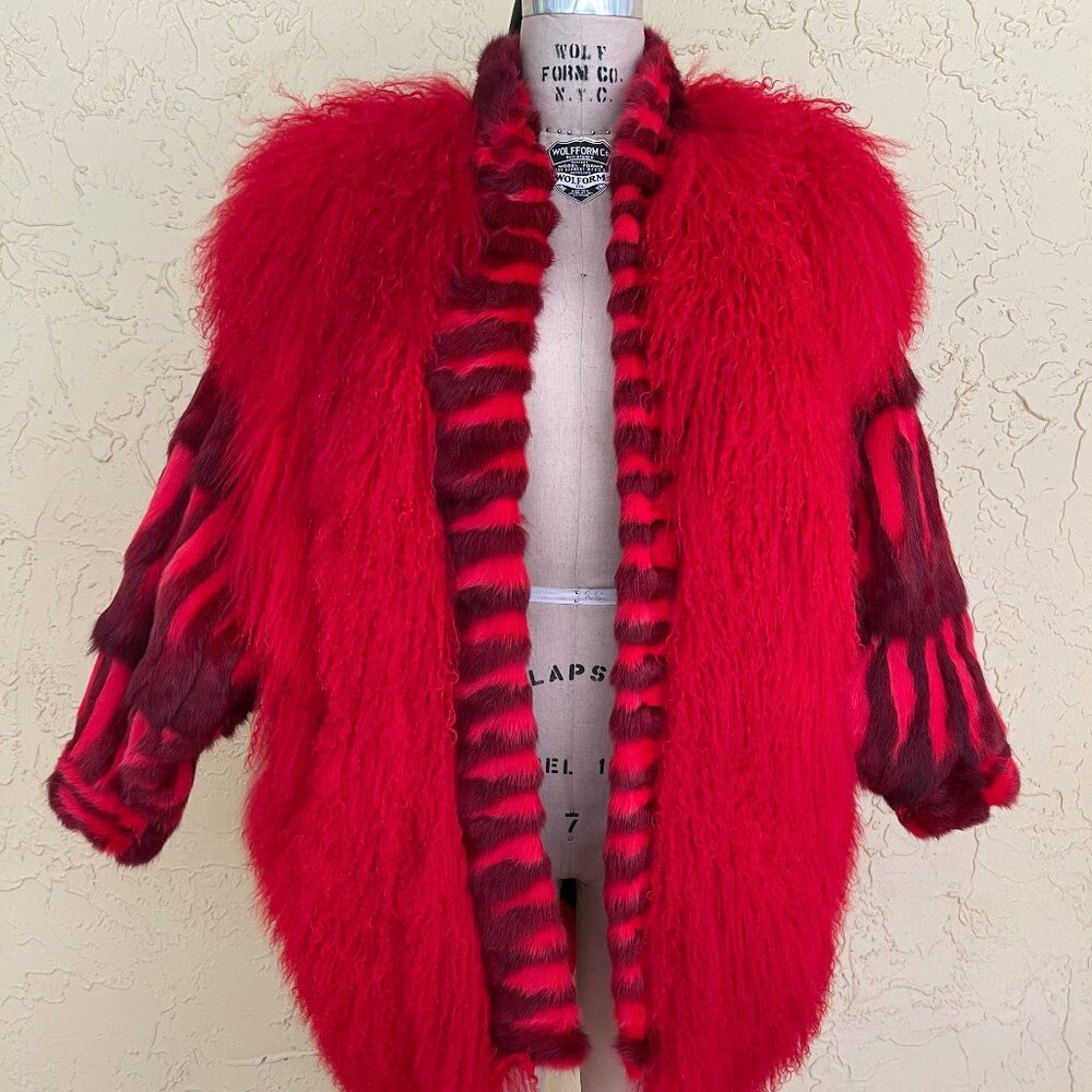 90s Vintage Red & Black Fur Coat Shaggy Coat Glam Retro Boho Rock N Roll
